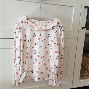 Girls' Cream Long-Sleeve Top with Red Bow & Green Floral Print